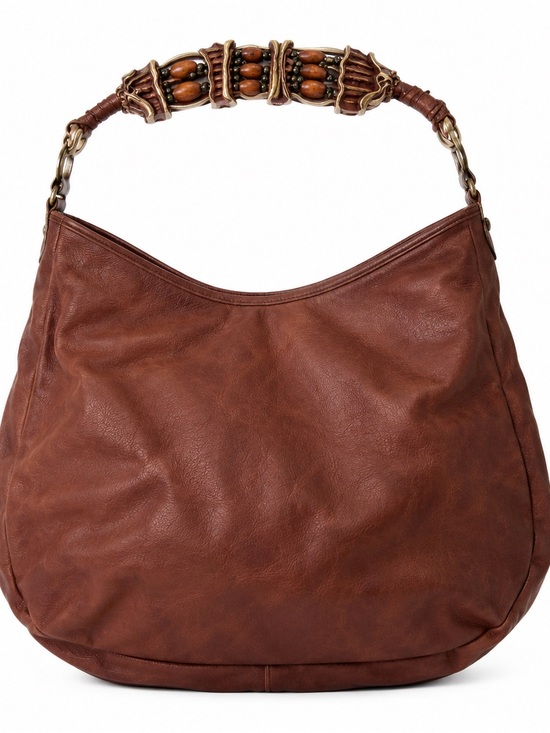 Handbags - Brown Leather-Style Hobo Bag with Beaded Handle